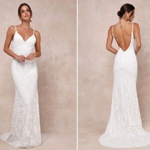 LULUS Bridal Wedding Elegant Sophisticated STUNNING Beaded Mermaid Gown